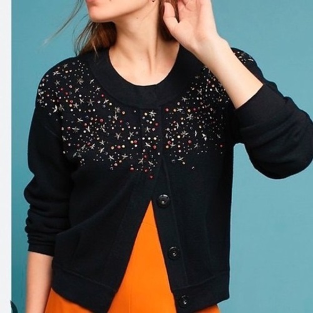 Moth Anthropologie Black Celestial Star Studded Rhinestone Cardigan Sweater M